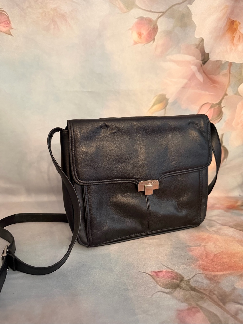 Hush Puppies Black Leather Messenger Bag with Silver Clasp
